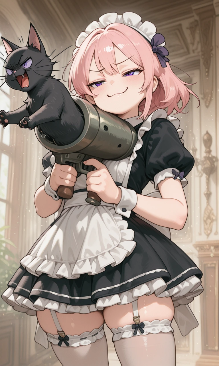 embedding:IllusP0s, cat launcher gun, cat, holding weapon, 1girl, pink hair, purple eyes, maid outfit, smug,<lora:cat launcher gun_illustrious.safetensors:1.0:1.0> <lora:CivChan.safetensors:0.8:0.8>