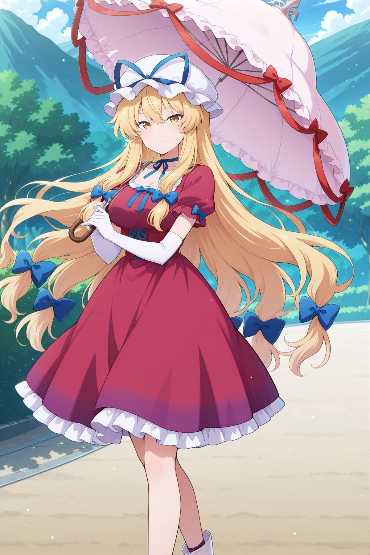 absurdres, highres, masterpiece, best quality, amazing quality, official anime artwork, screencap, anime screencap, outdoors, looking at viewer, light smile, dynamic pose, standing,
<lora:Yukari-Yakumo_IllustriousV2:1> yakumo yukari, 1girl, solo, yellow eyes, blonde hair, long hair, wavy hair,, yakumo yukari \(cherry blossom\), alternate costume, mob cap, white hat, hat ribbon, blue ribbon, hair bow, blue bow, ribbon choker, blue choker, red dress, short sleeves, frilled skirt, elbow gloves, white gloves, white footwear, holding umbrella, white umbrella,