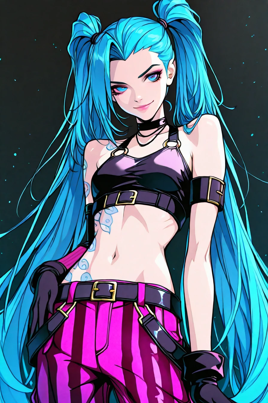 jinx, blue hair, pale skin, choker, smile, blue eyes, long blue twin pigtails, tattoo,crop top, sleeve, armbands, purple striped pants, gloves, belt, 1girl, solo, alone, <lora:neo_noir_melancholic_style_illustriousXL:1>, neo_noir_melancholic, masterpiece, highres