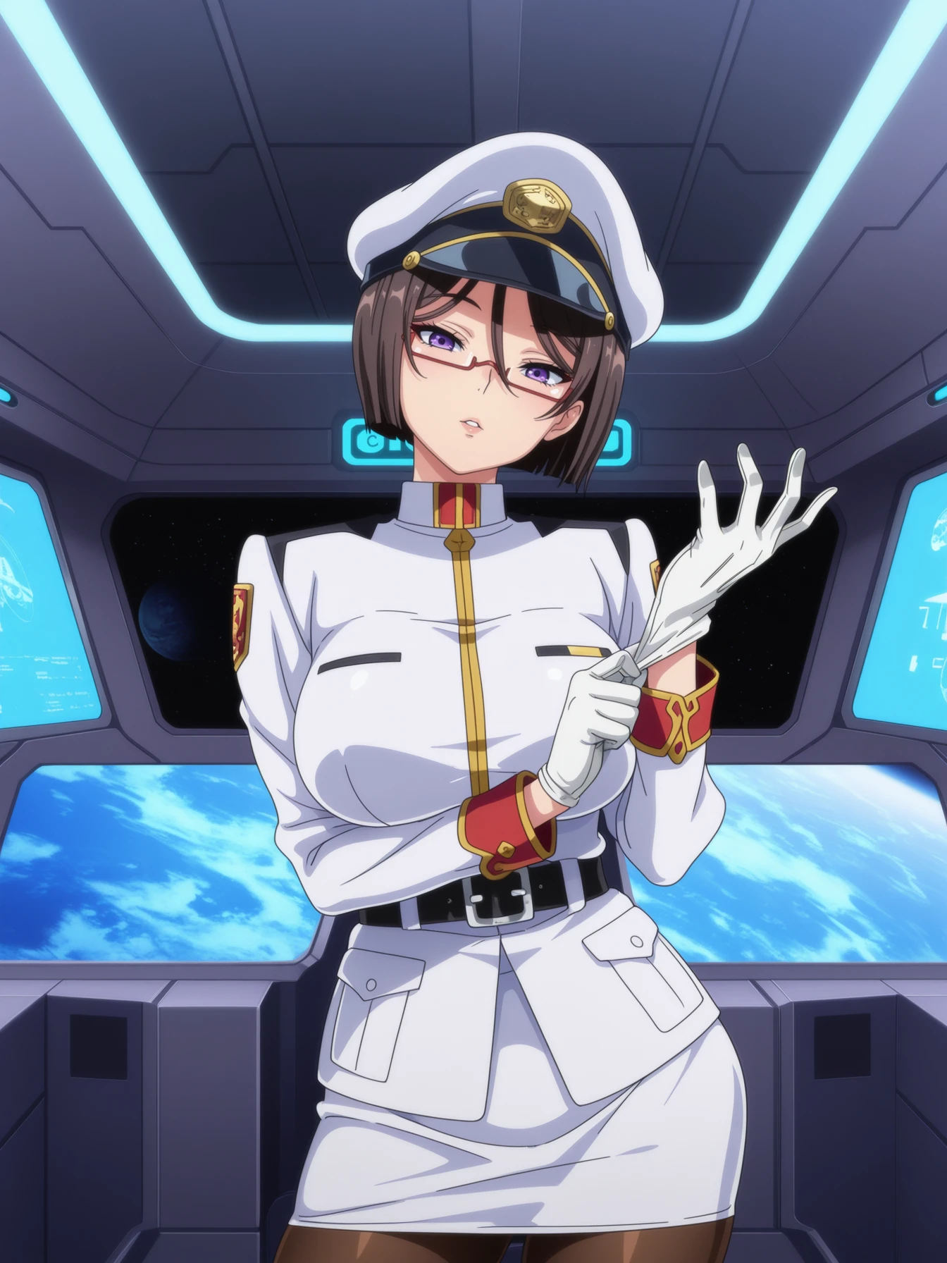 amazing quality, masterpiece, best quality, highres, absurdres, very awa, bloom, sidelighting, (anime screenshot:0.8), anime coloring, (game cg:0.8),
Edwards Zenia, 1girl, solo, standing, contrapposto, upper body, adjusting Gloves, hand up,
looking at viewer, head tilt, parted lips, mature female,
short hair, brown hair, purple eyes, glasses,
naval uniform, white uniform, brown pantyhose, black belt, white gloves, peaked cap, pencil skirt, white skirt,
large breasts, thighs, curvy,
indoors, spacecraft interior, space station, personal terminal, ads, neon lights, planet, asymmetrical background, ceiling light,
<lora:Edwards Zenia 3216 Illustrious 0_1:1>