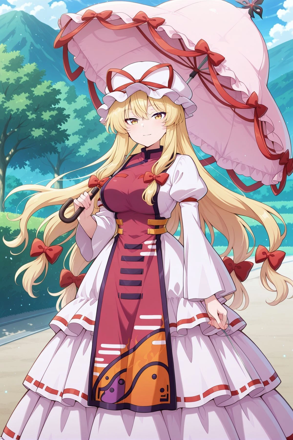 absurdres, highres, masterpiece, best quality, amazing quality, official anime artwork, screencap, anime screencap, outdoors, looking at viewer, light smile, dynamic pose, standing,
<lora:Yukari-Yakumo_IllustriousV2:1> yakumo yukari, 1girl, solo, yellow eyes, blonde hair, long hair, sidelocks,, yakumo yukari \(scarlet\), alternate color, alternate costume, mob cap, white hat, hat ribbon, hair bow, red bow, white dress, frilled dress, ribbon-trimmed dress, juliet sleeves, puffy sleeves, long sleeves, red tabard, trigram, black boots, holding umbrella, needle,