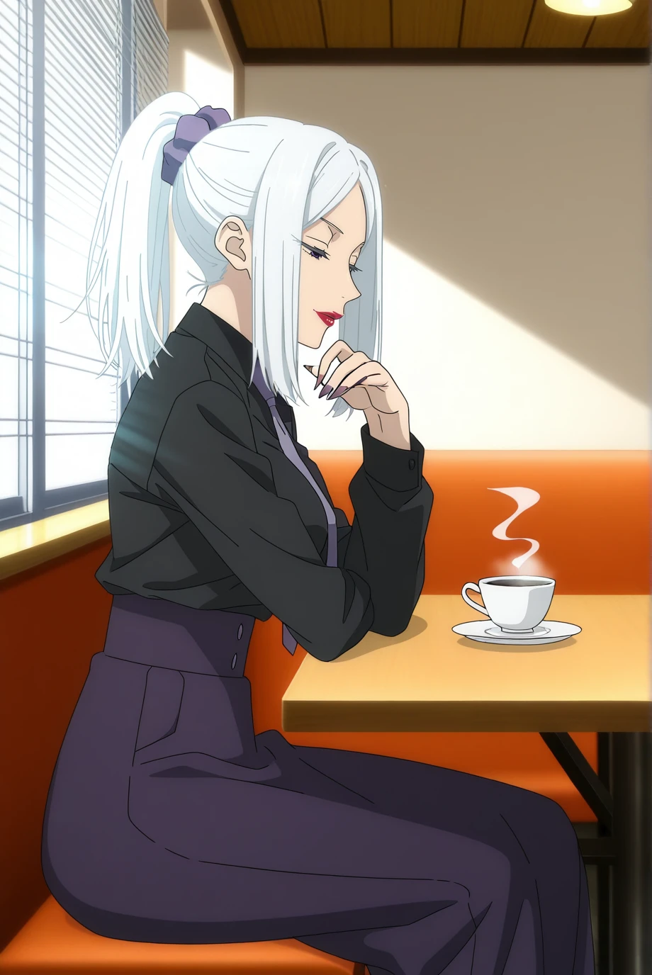 absurdres, masterpiece, best quality, very aesthetic, 1girl, solo,
anime coloring, <lora:MeiMei-IL-v1-08:0.9>, ChopioMeiMei, white hair,
medium breasts, purple nails, long fingernails, wide hips,
medium hair, high ponytail, sidelocks, hair scrunchie, parted bangs, purple eyes, half-closed eyes, red lipstick,
outfit_2, black shirt, shirt tucked in, necktie, purple skirt, high-waist skirt, long skirt
cafe, sitting, table, light rays, window, blinds, shadows, from side, coffee, steam, saucer,