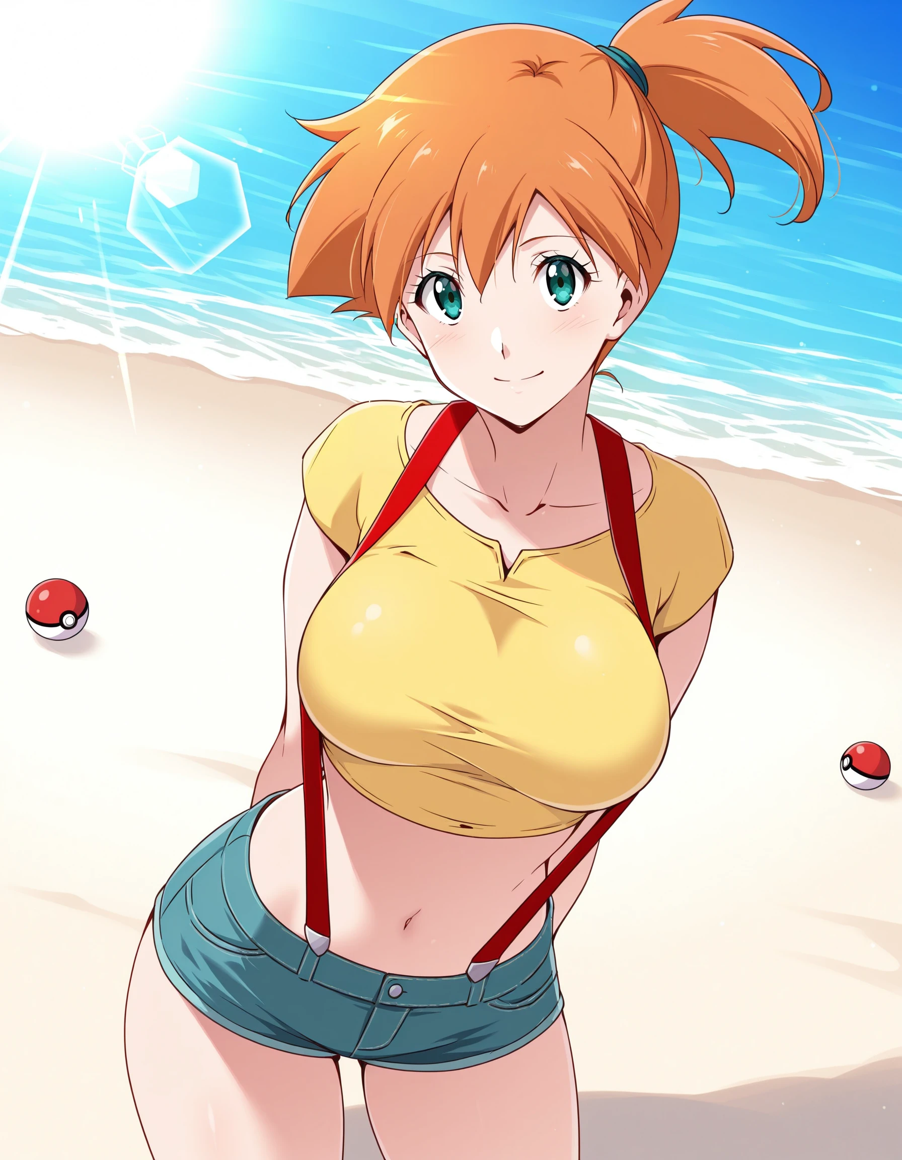 masterpiece, high quality,
toumaill,
zzmisty, looking at viewer, blush, navel, smile, collarbone, crop top, large breasts, eyelashes, suspenders, midriff, short shorts, yellow shirt, hair tie, denim shorts, outdoors, standing,beach,sun,lens flare, poke ball,
<lora:toumaill:1>, <lora:MistyPokemonIXL:0.3>