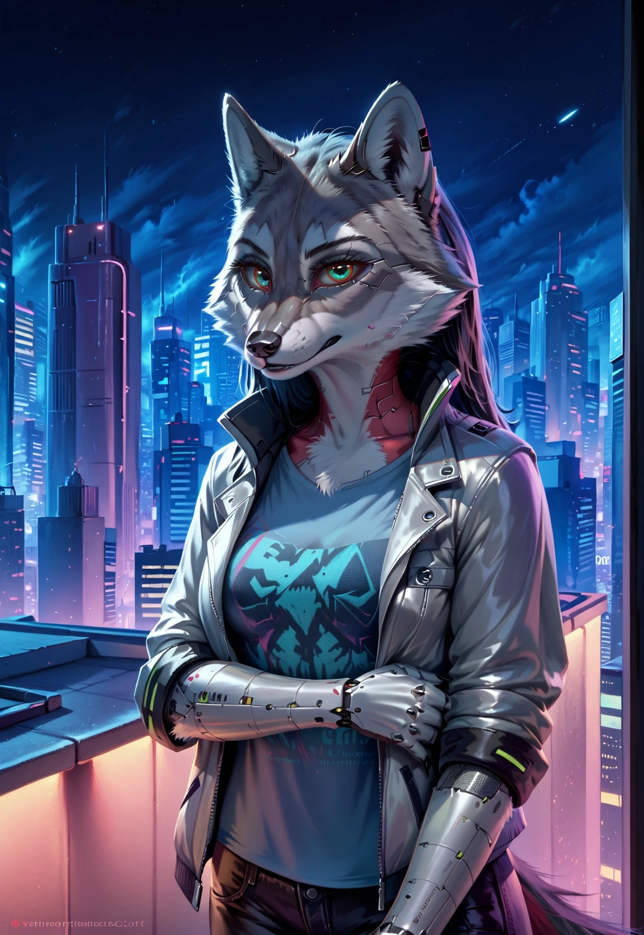 score_9, score_8_up, score_7_up, score_6_up, photorealistic, epiCPhotoGasm-colorfulPhoto, Realistic, highres, super high resolution, 8k, photo, furry, Furry, anthro, fur, wolf, female, long black hair, implants, implant eye, robot, furry, window, cyberpunk, night, cyber city, cyberpunk city, metallic eye, metallic arm, metallic fur, robot, jacket, silver jacket, thin body, T-shirt, night, roof, roofs, implanted hand, roof, city, cyberpunk city, cyberpunk, realistic, detailed, detailed fur,