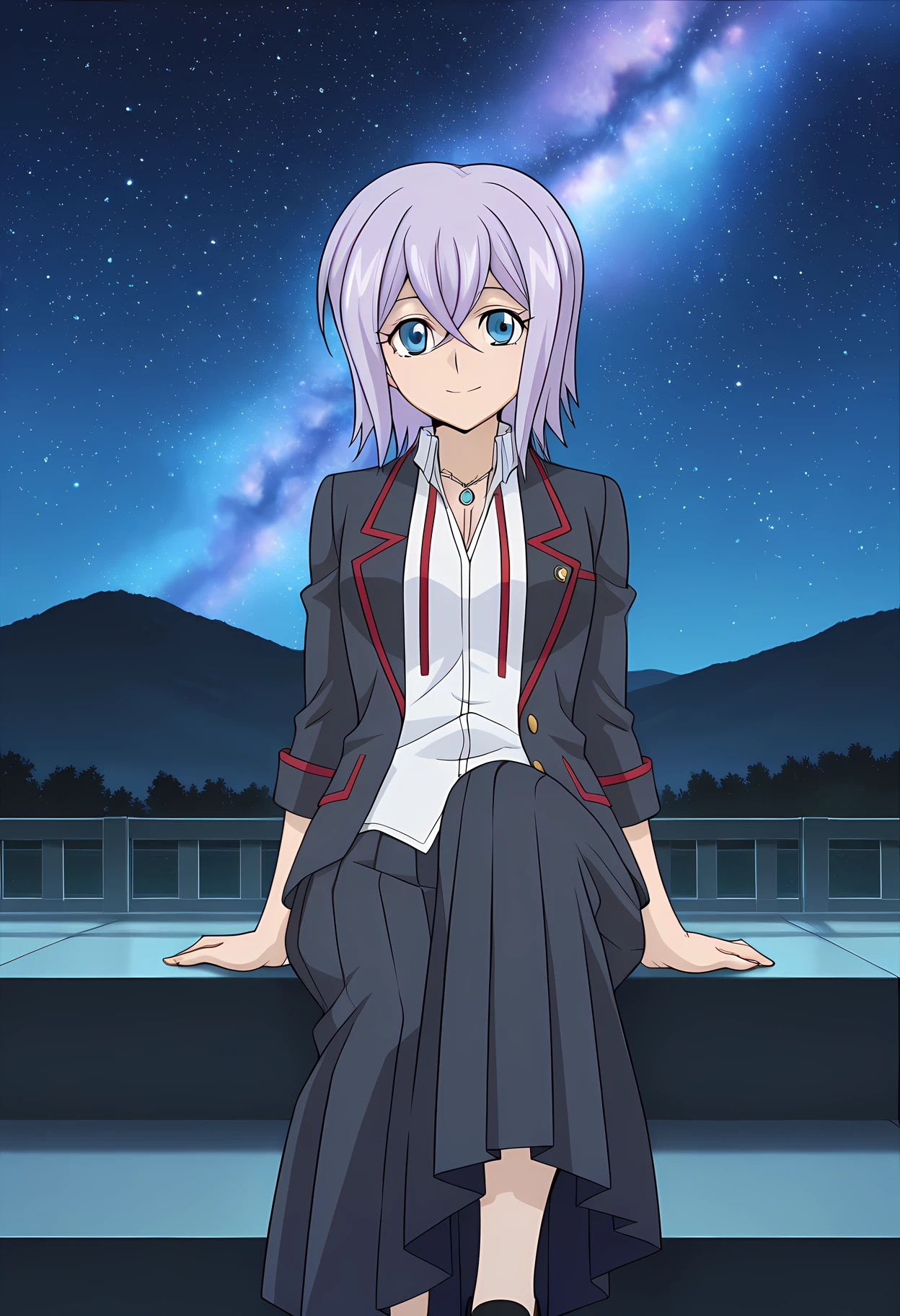 masterpiece,best quality,amazing quality,
1girl, solo, face focus,
Misaki Tokura (Cardfight Vanguard), short hair, purple hair, blue eyes, hair between eyes, school uniform, necklace, jewelry, shirt, jacket, blazer, long skirt, pleated skirt, black footwear,
looking at viewer, smile,
cinematic,
Sit, leaning back, with two arms, ,
bloom, night, at mountain, galaxy sky,
Official style, anime screencap, anime coloring,