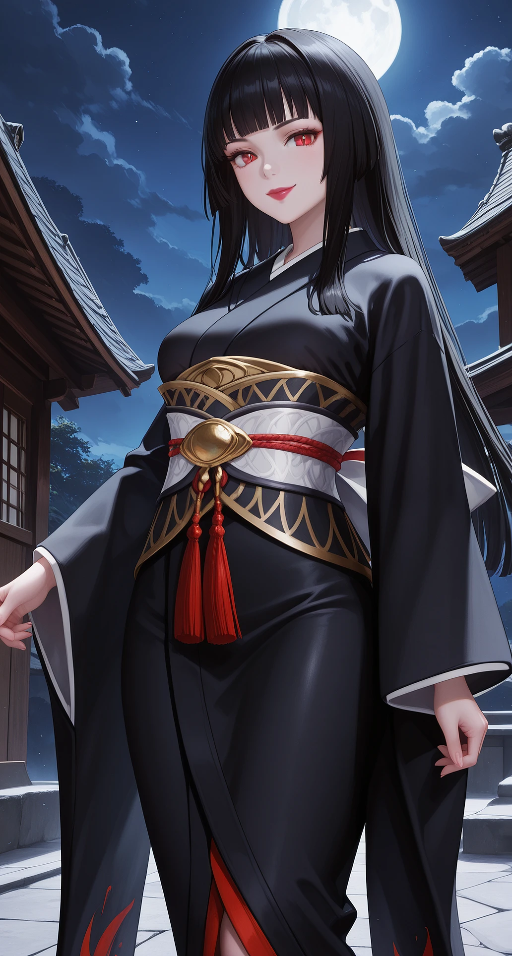 (GlassSH, long hair, bangs, black hair, blunt bangs, hime cut, red eyes, slit pupils, bright pupils, breasts,),
japanese clothes, wide sleeves, kimono, sash, obi, black kimono, lipstick,
,
looking at viewer, smile, velvet skin,
chapel, outdoors, night, moonlight, seductive body, standing up,
complex composition, detailed eyes, detailed body, ultra detailed, masterpiece, best quality, amazing quality, very aesthetic, realistic, photorealistic,