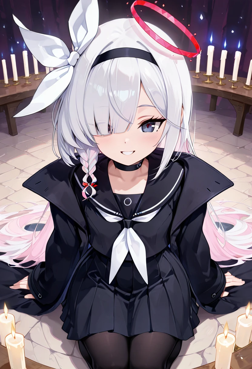 masterpiece, best quality, solo, curvy, beautiful eyes,  narrow waist, wide , zzPlana, grey eyes, white hair, bangs, braid, ribbon, halo, hair over one eye, black choker, bow hairband, hairband,  dynamic angle, foreshortening, close up, smile, looking at viewer,   ,       <lora:PlanaBlueArchiveIXL:1.0>, [Occult Ritual Chamber], Ceremonial robes, Kneeling before a dark altar surrounded by glowing candles and arcane symbols in a shadowy ritual setting.