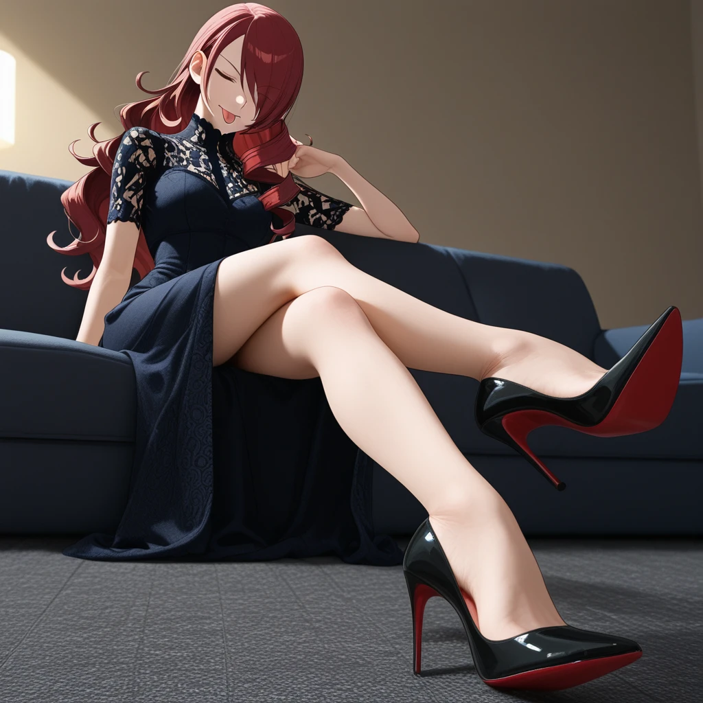 1 girl、15 year old girl、pink straight hair、long hair，purple eyes，huge ，clothing（Black dress,Casual enough to see underwear、black high heels)、 And very slim,,,,,、very slim legicur、ear nipple ring、A necklace、pink lips、photo、realistically、sexual、top quality、adoption、a delicate face、Detailed background、depth of field、Full body perspective（perspective from below)、Sitting on the sofa，support with knees、sexual、solo、night