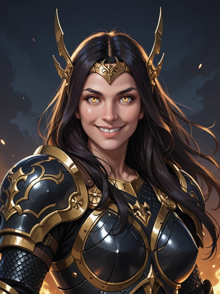 <lora:Takhisis__Dragonlance:0.7>
takhisis,, long hair, dark hair, yellow eyes,,
armor, platemail
looking at the viewer, smiling