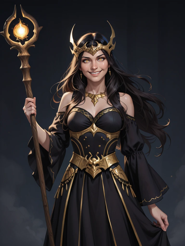 <lora:Takhisis__Dragonlance:0.7>
takhisis,, long hair, dark hair, yellow eyes,,
dress, holding a staff, looking at the viewer, smiling