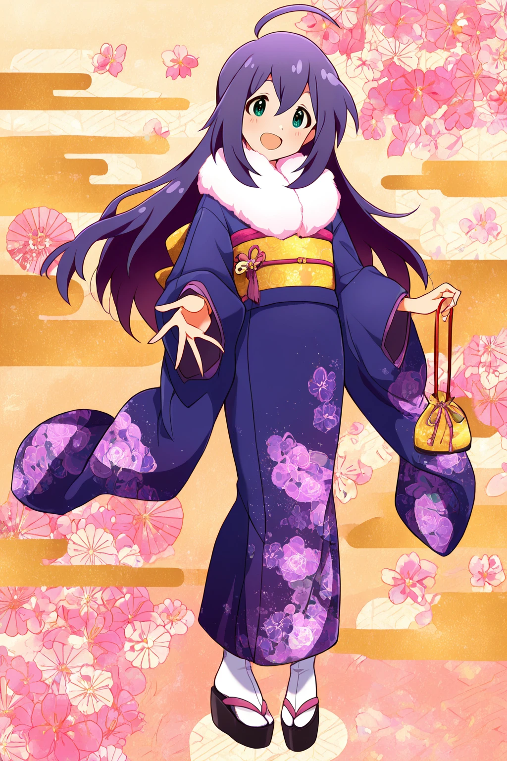 masterpiece,best quality,very aesthetic,absurdres,highres,newest,official art,official style,
1girl,solo,
mochizuki anna,purple hair,green eyes,ahoge,
japanese clothes,obi,obijime,obiage,kimono,fur-trimmed kimono,fur trim,<lora:eye_focus_illus:1>,eye_focus,
standing,full body,
<lora:idolmaster_mochizuki_anna_ill_v1.0:1>,