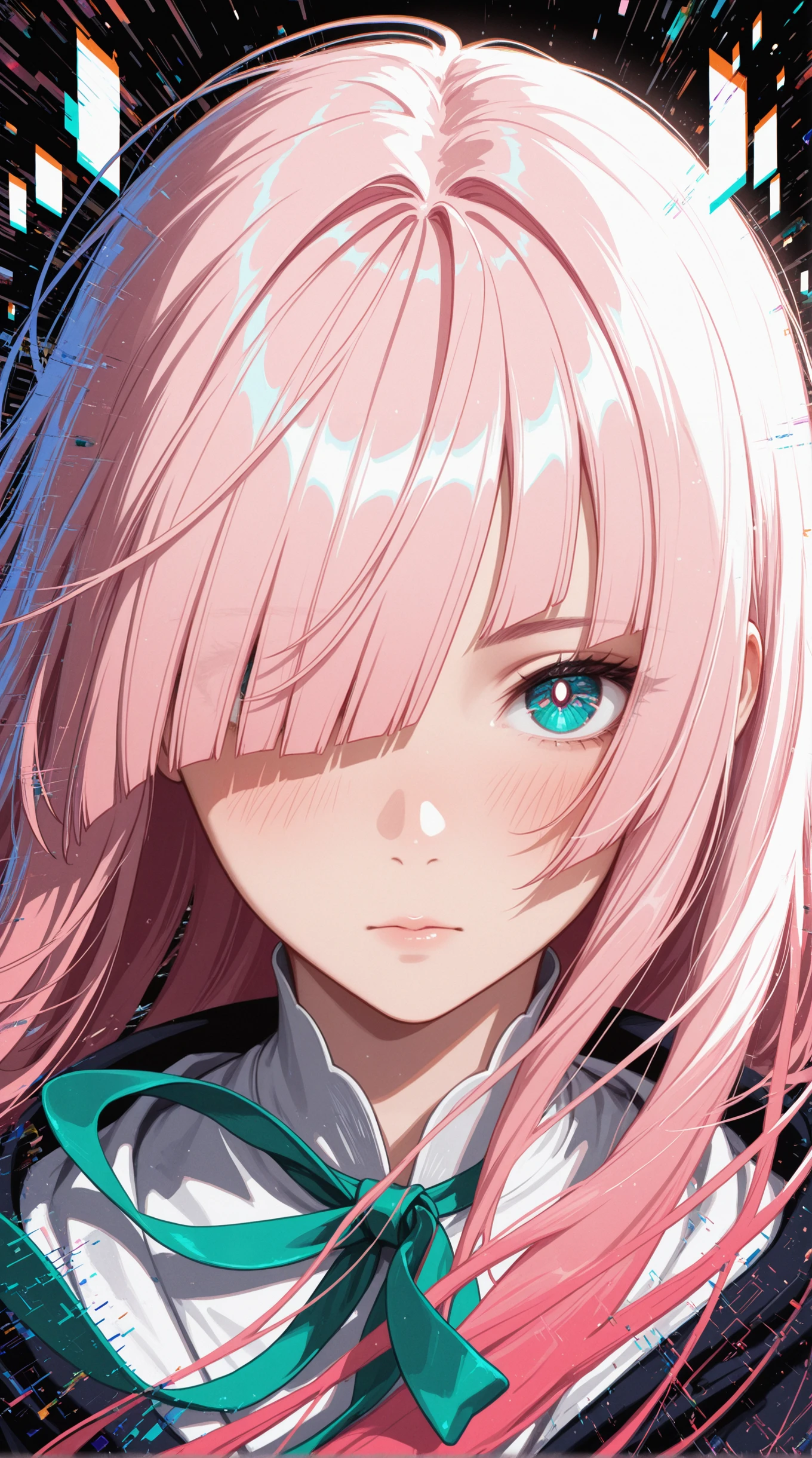masterpiece, detailed_eyes, high_quality, best_quality, highres, absurdres, 8k, solo, female, pink hair, zigzag bangs, hair over one eye, long hair, blush, geometric background, ribbon in hair, green ribbons, walking, glitch_art, vibrant color palette, motion blur, looking at viewer, moody lighting, fragmented scenery, floating shapes, face focus, abstract art, close_up