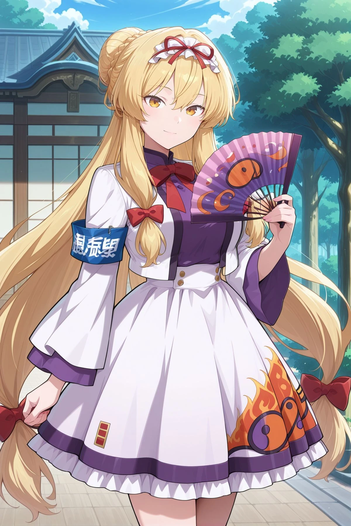 absurdres, highres, masterpiece, best quality, amazing quality, official anime artwork, screencap, anime screencap, outdoors, looking at viewer, light smile, dynamic pose, standing,
<lora:Yukari-Yakumo_IllustriousV2:1> yakumo yukari, 1girl, solo, yellow eyes, blonde hair, very long hair, low-tied long hair, hair bun, crown braid,, yakumo yukari \(gorgeous student president\), alternate costume, alternate hairstyle, alternate headwear, frilled hairband, white hairband, hair bow, red bow, red bowtie, white dress, frilled dress, wide sleeves, puffy long sleeves, white sleeves, white skirt, frilled skirt, flame print, blue armband, red armband, holding fan, folding fan,
