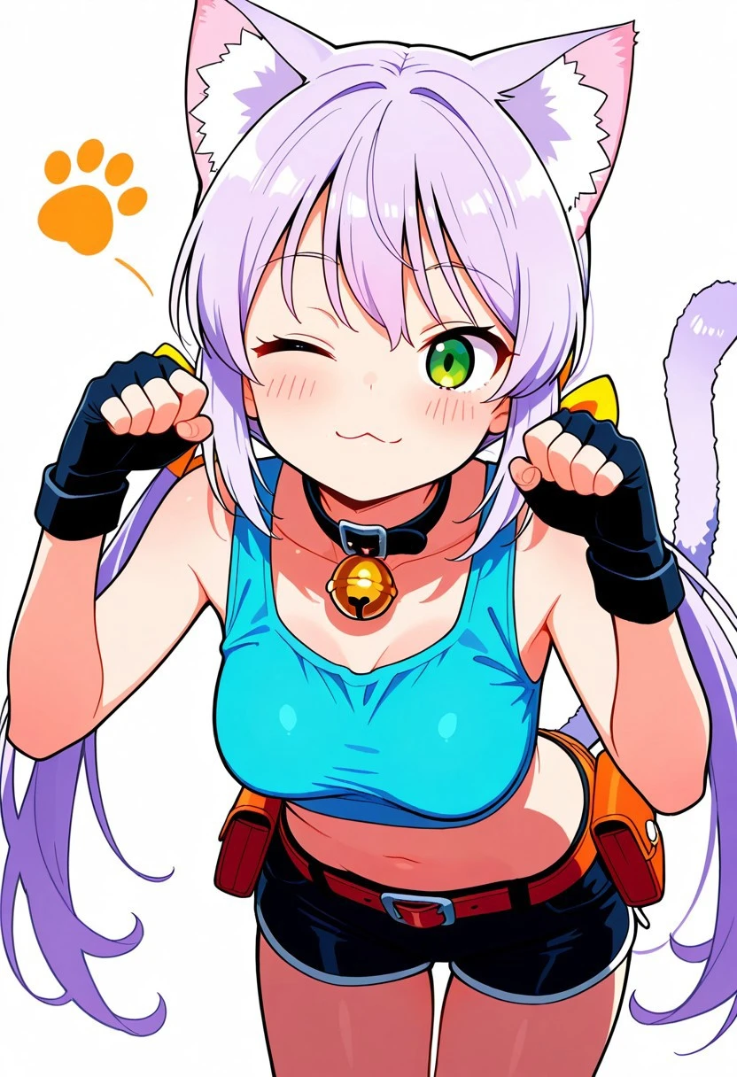 smasterpiece, best quality, amazing quality, score_9, score_8_up, score_7_up, score_6_up, score_5_up, score_4_up,
solo, kurumi nekomai, long hair, light purple hair, cat ears, fluff on the ears, cat tail, fluffy tail, medium breasts, (green eyes: 1.1), 2 pigtails,
looking at viewer, leaning forward, paw pose, blue crop top, fingerless gloves, collar, bell, belt, pouch, midriff, :3, wink, smilie