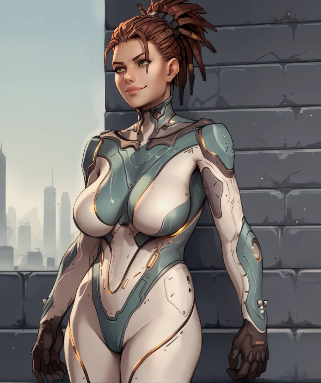 score_9, score_8_up, score_7_up, score_6_up, score_5_up, score_4_up,
kerriganxl, dreadlocks, ponytail, green eyes,
armor, white bodysuit, gloves, skin tight,
hip, large breasts, sagging breasts,
science fiction, solo,
city, wall, leaning back,
<lora:sarahkerriganxl-12v6v2:0.9>, smirk,