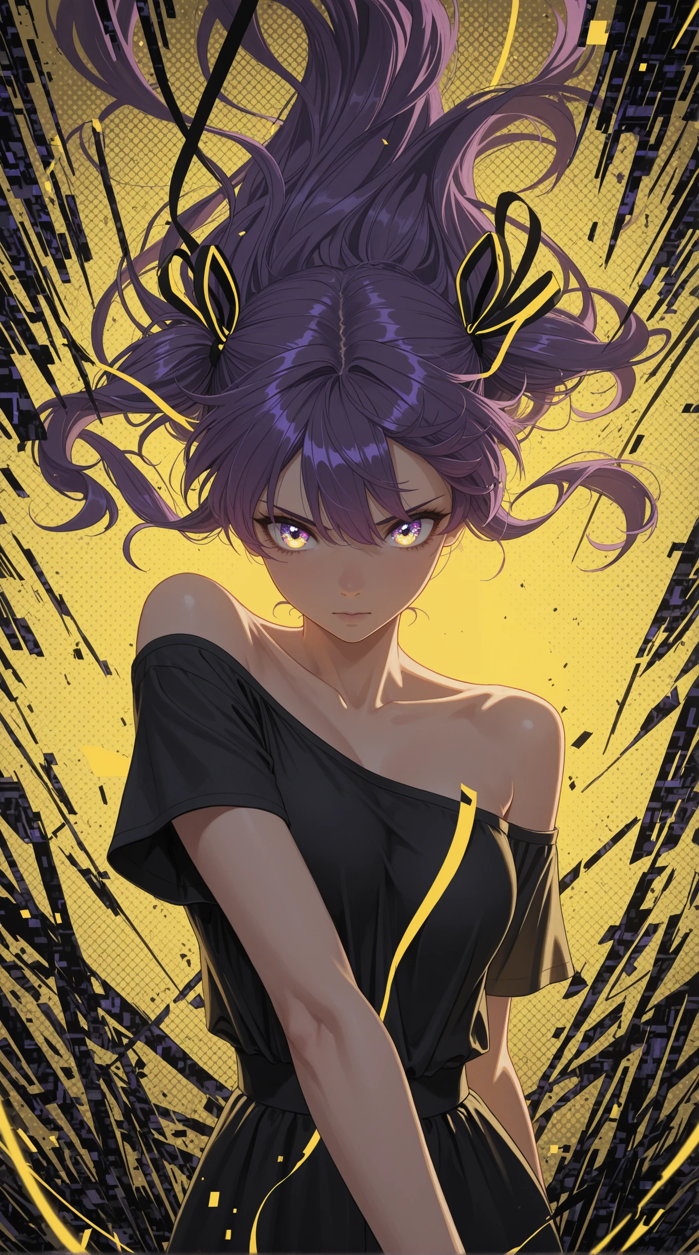 masterpiece, detailed_eyes, high_quality, best_quality, highres, absurdres, 8k, female, purple hair, abstract scenery, dotted halftone background, yellow lighting, glitch_art, digital debris, ribbon in hair, windblown motion, over-the-shoulder pose, dynamic view, geometric fragments, pixel smear effect, bold contrasts, dreamy haze, side_view