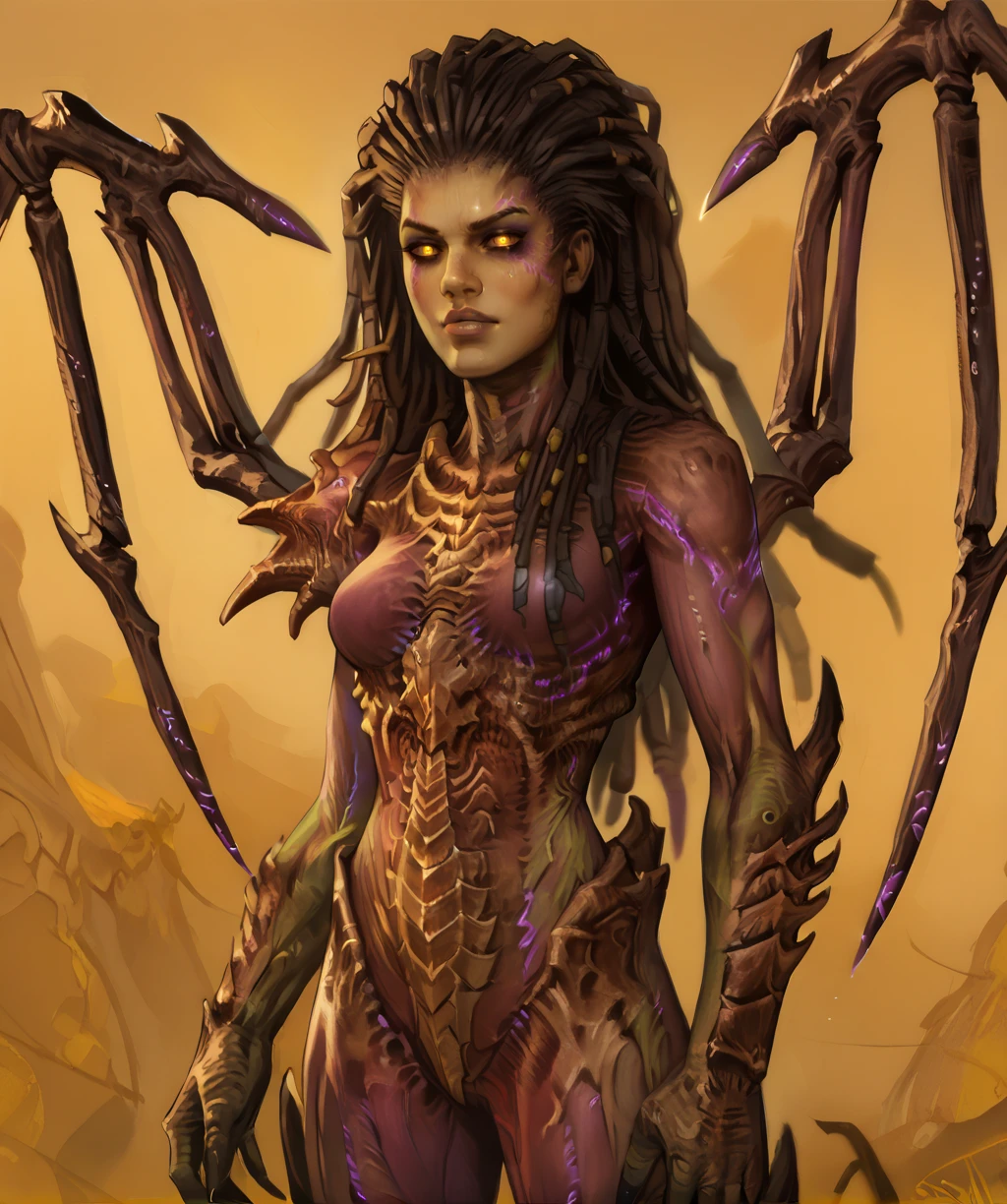 score_9, score_8_up, score_7_up, score_6_up, score_5_up, score_4_up,
qnofbldsxl, dreadlocks, black hair, yellow eyes, bone wings, makeup, dirty face, purple tattoo, glowing eyes,
armor, bodysuit, looking at viewer,
standing,
alien planet, yellow sky,
<lora:QueenofBladesxl-12v6v2:1>,
