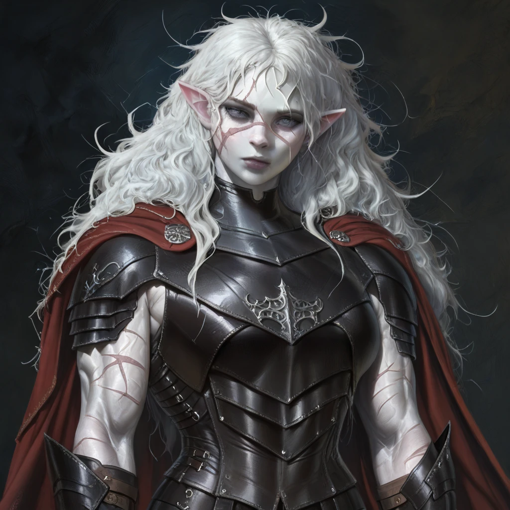 masterpiece, best quality, newest, absurdres, highres, DFAV1.5, 1girl, pale, white skin, colored skin, pale skin, elf, pointy ears, muscular woman, armor, cape, leather armor, scar, scars on face, white hair, long hair, messy hair, black armor, black leather,