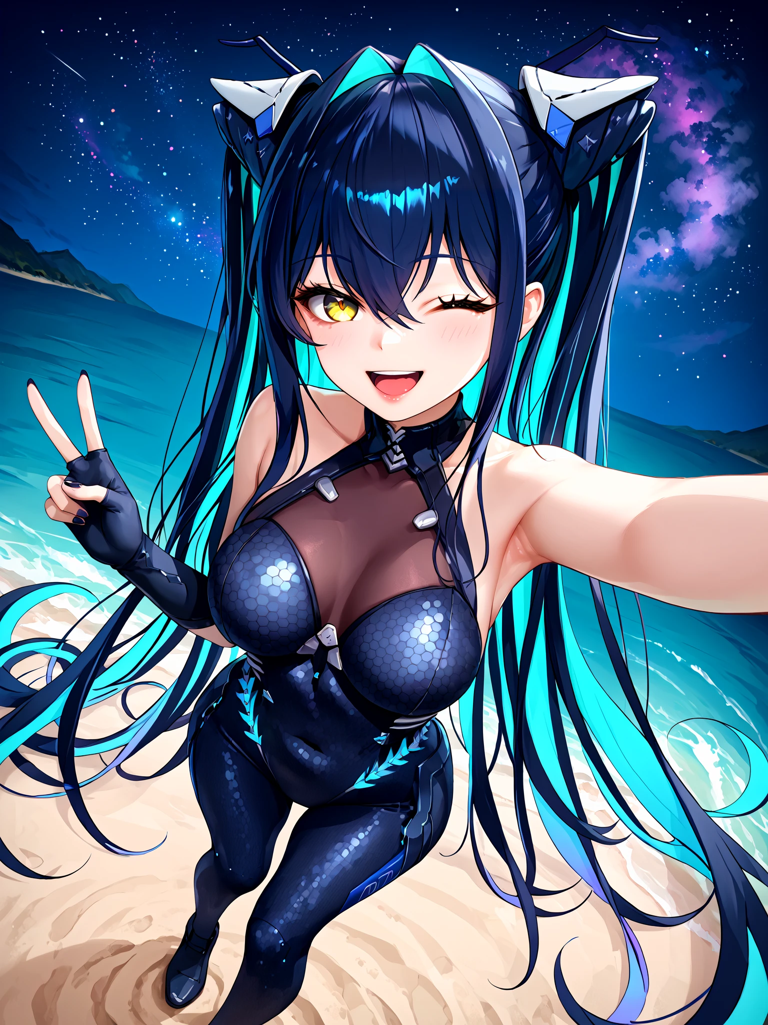score_9, score_8_up, score_7_up, 1girl, solo, BREAK,
sirenlittlemermaidnikke, very long hair, hair intakes, twintails, hair between eyes, multicolored hair, colored inner hair, two-tone hair, black hair, aqua hair, yellow eyes, large breasts, BREAK,
black bodysuit, backless bodysuit, halterneck, covered navel, bare shoulders, gloves, hexagon print, honeycomb \(pattern\), honeycomb print, <lora:Little_Mermaid_Siren:1>, BREAK,
one eye closed, looking at viewer, smile, selfie, v, peace sign, reaching towards viewer, hand out of frame, from above, dutch angle, BREAK,
grass, sand, starry sky background, gradient background, pink background, blue background
