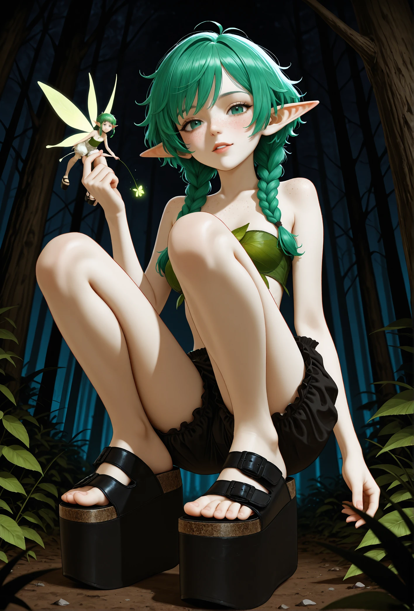 ((best quality)), ((masterpiece)), (detailed), 4k, green skin, pointy ears, goblin girl, sexy, innocent, naive, feral, absurdres, soft skin, small breasts, wearing leaf bikini, sitting on the floor of a greenhouse reading picture books, learning, studious