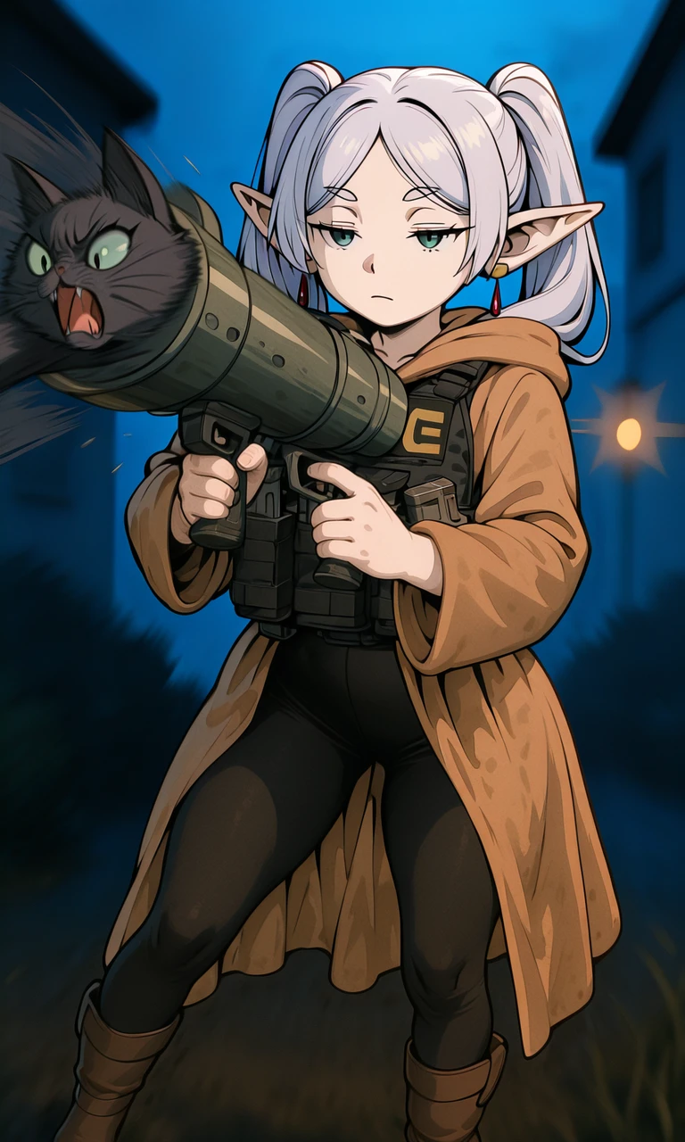 embedding:IllusP0s, cat launcher gun, holding weapon, frieren_\(sousou no frieren\), elf ears, ice bulletproof vest, ammunition pouches, motion blur, blurry background, cexpressionless, outdoors, night, mage robes, black leggings, brown boots, contrast lighting, 1girl, solo,<lora:cat launcher gun_illustrious.safetensors:1.0:1.0> <lora:ice_bulletproof_vest_illustrious.safetensors:1:1>