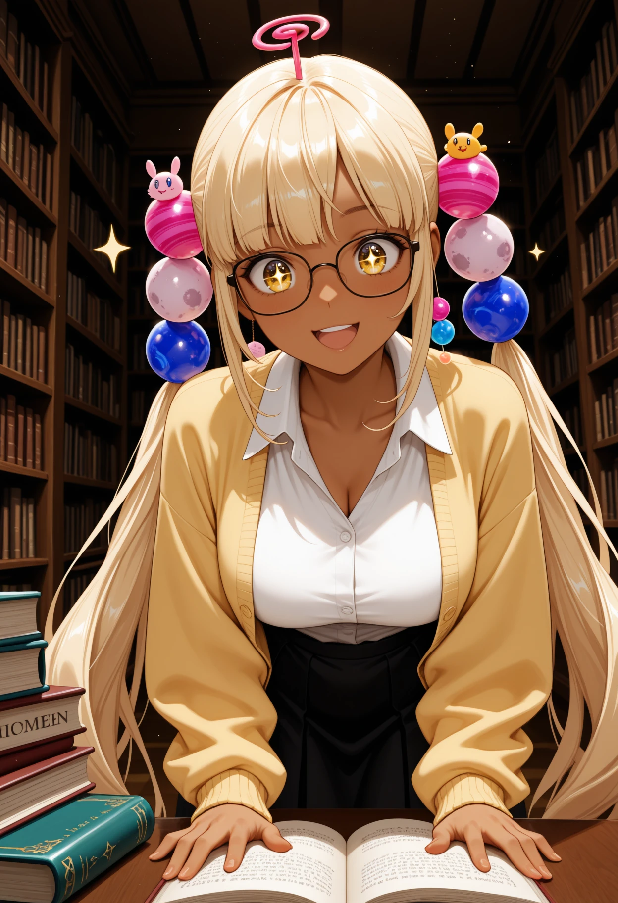 masterpiece, best quality, 1girl, solo, S4n4, dark skin, yellow eyes, blonde hair, very long hair, twintails, planet hair ornament, limiter, glasses, yellow cardigan, white shirt, dress shirt, black skirt, leaning forward, hands on table, smile, :d, sparkle, sparkling eyes, book, indoors, library, dutch angle, <lora:ChamTsukumoSanaNoob:1>