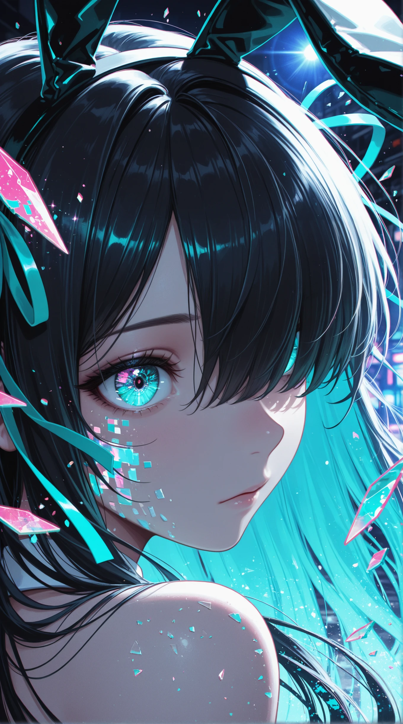 masterpiece, detailed_eyes, high_quality, best_quality, highres, absurdres, 8k, solo, black_hair, long hair, teal ribbons, hair over eye, pink sparkles, glitch effects, blue light wash, futuristic street, overexposed lens flare, pixel breakup, bunny ears, vivid neon colors, motion, close-up, fragmented neon shards, medium_shot