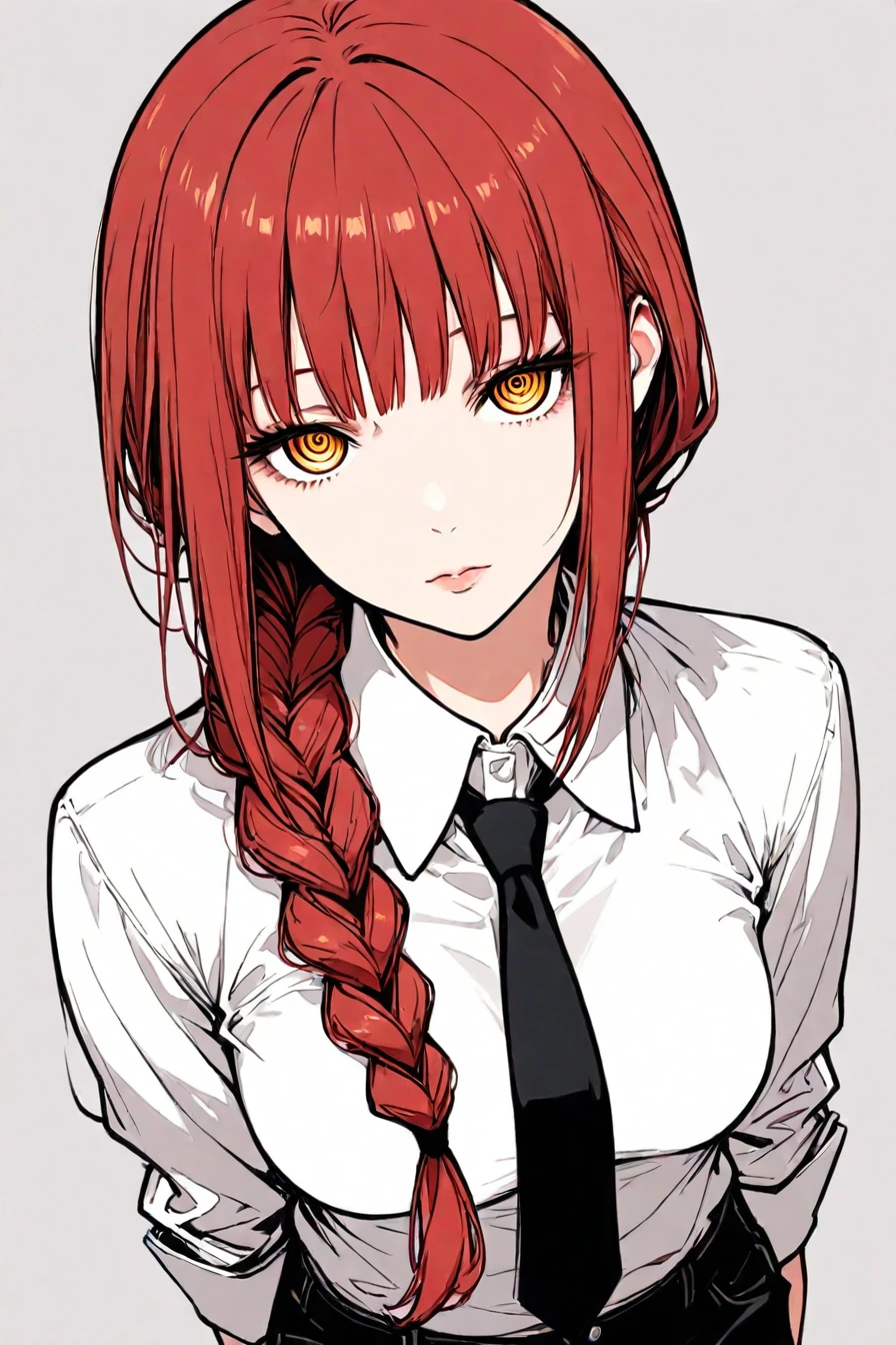 makima, red hair, long hair, yellow eyes, ringed eyes, braid, white collared shirt,black necktie, black pants, 1girl, solo, alone, <lora:neo_pop_style_illustriousXL_by_zura_janai-000029:1>, neo_pop_style, masterpiece, highres