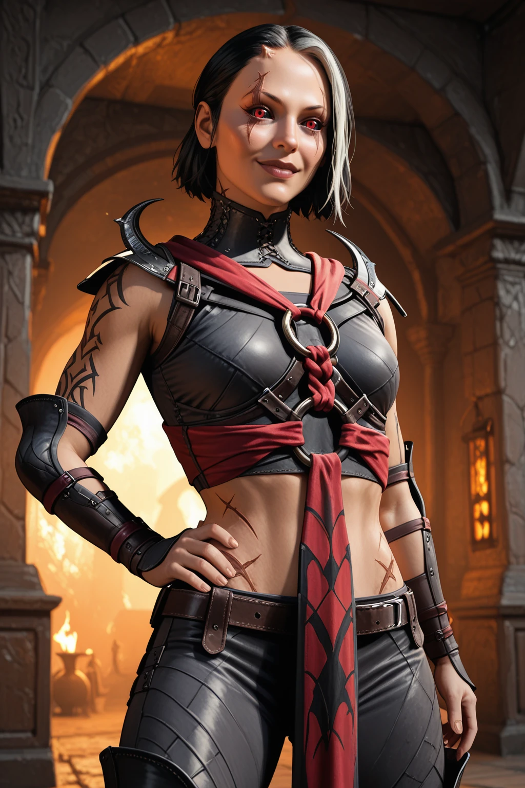 masterpiece, good quality, best quality, very awa, very as2, absurdres, highres
<lora:sareena mk1illuLora:1>sareena, tattoo, small horns, short hair, two-tone hair, scar across eyes, red pupils, black sclera, turtelneck, shoulder armor, armor, clothes cutout, crop top, o-ring top, pelvic curtain, vambraces, midriff, loose belt, pants, thigh strap, high heel boots, thigh boots, toeless footwear, cowboy shot, hand on own hip, smile