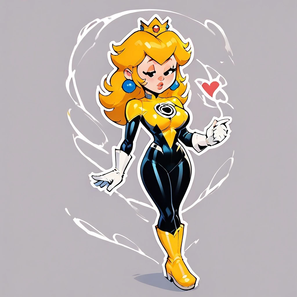 score_9, score_8_up, score_7_up, score_6_up, 18yo, g0thicPXL, 1girl,solo,toon art style, princess peach,simple eyes,half-closed eyes, white outline, large breasts, black eyes, ,SinestronCOS,thighhighs,skin tight,bodysuit,superhero,black bodysuit,yellow bodysuit,sinestrocorps symbol on chest, white gloves,knee boots,