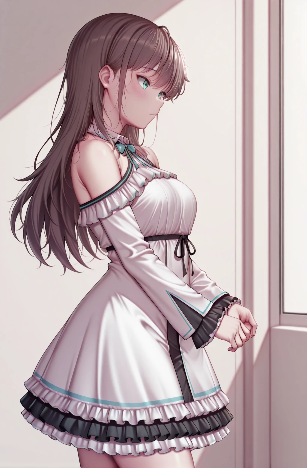 masterpiece,best quality,amazing quality,
1girl,nebelkanacasual frilled dress, cowboy shot,bare shoulders, detached collar, <lora:KanaNebelCausalRebornV1-IXL:1> <lora:Kashiwazakikana-OnlyCharV3-IXL:1>,Kashiwazakikana,brown hair,aqua eyes,from side,portrait,