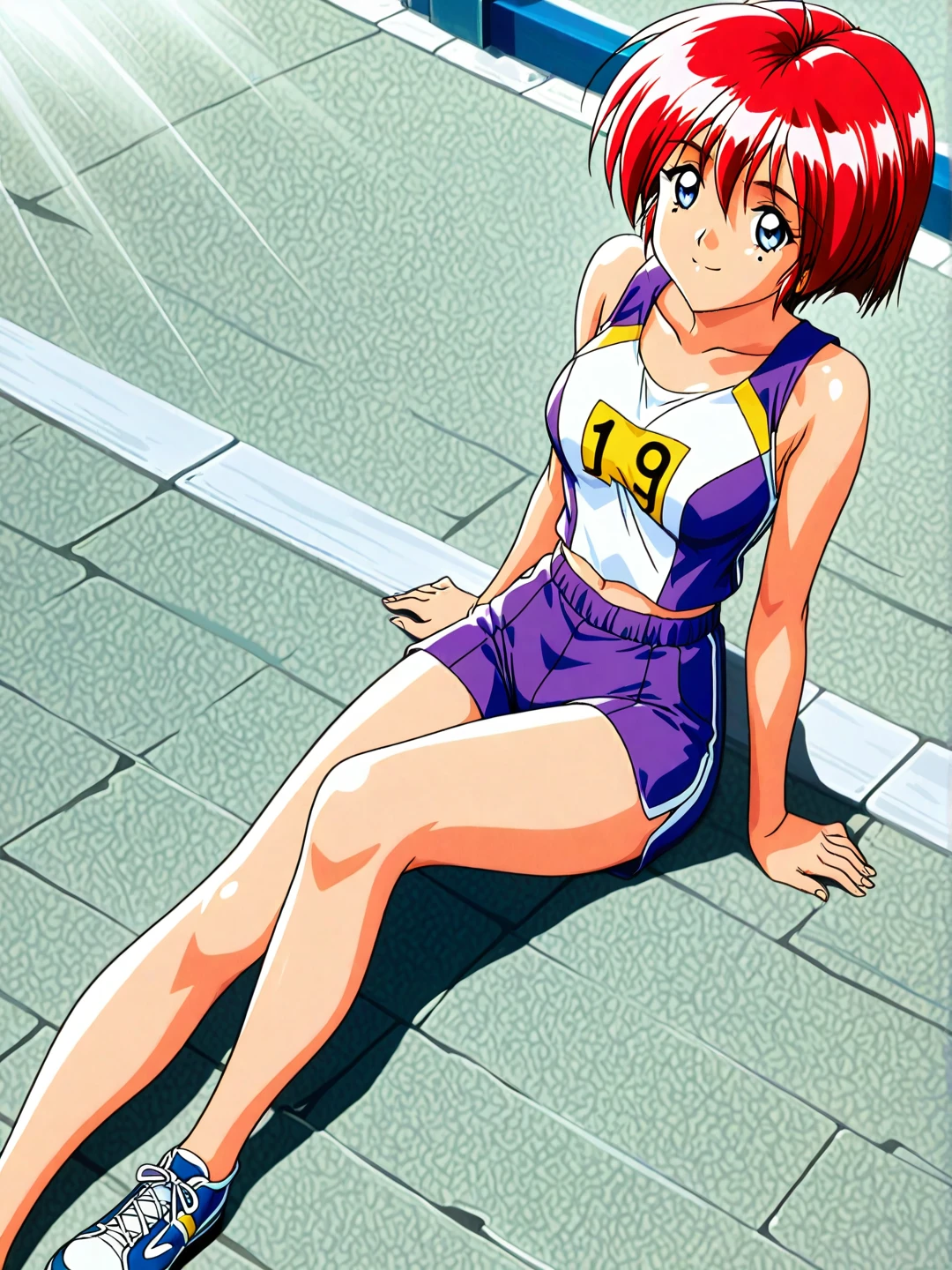 masterpiece, best quality, track and field, day, solo, gyaru, bishounen, aqua hair, yellow hairband, red eyes, ( tsurime, sanpaku ), smile, teeth, stretching, on ground, sitting, spread legs, squatting, sports bra, sports panties, buruma, sportswear, sweat, koizumi hitomi