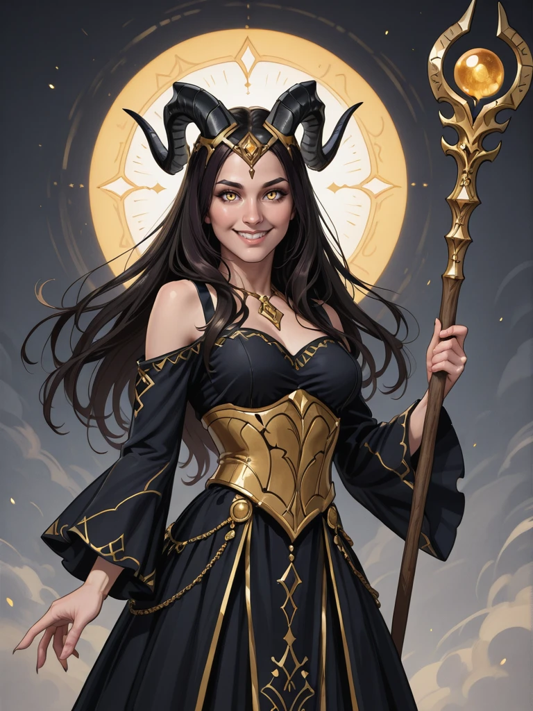 <lora:Takhisis__Dragonlance:0.7>
takhisis,, long hair, dark hair, yellow eyes,, horns,, dress, holding a staff, looking at the viewer, smiling
yellow eyes