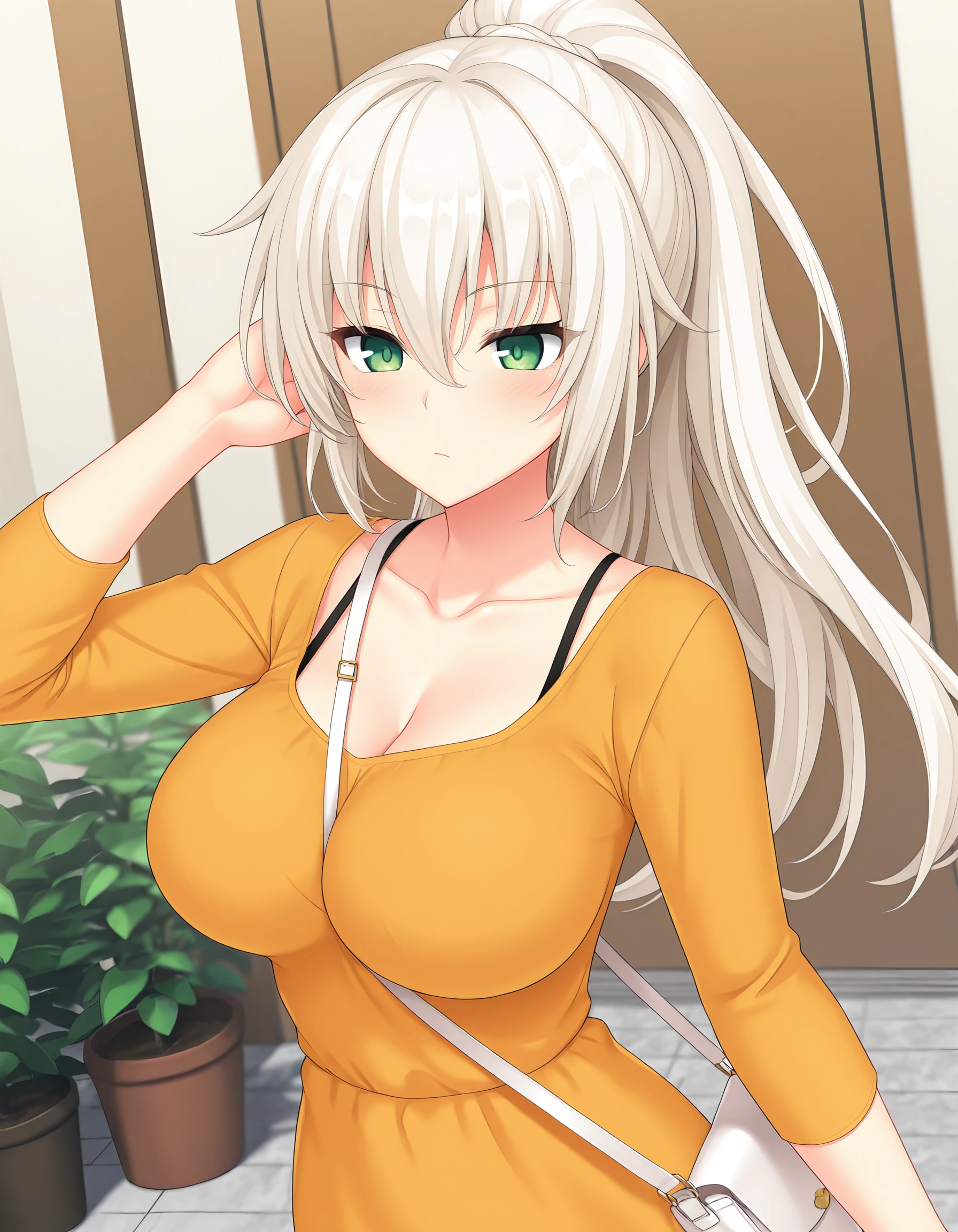 masterpiece, best quality, amazing quality, ultra detail, good anatomy, good hand,
BREAK 1girl, posing, casual, <lora:pai-sura-illustrious:0.8> pai-sura, breasts emphasis, slant bag, bag strap passing between breasts,
BREAK <lora:Yuri_Shachi_Nora_to_Oujo_to_Noraneko_Heart_HARUKAZE-illustrious:0.7> Yuuri Shachi, platinum hair, green eyes, large breasts, long hair, high ponytail