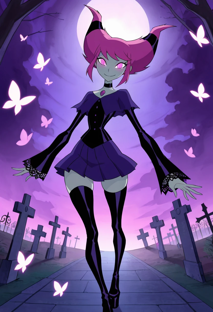 masterpiece, best quality, solo, curvy, beautiful eyes,  narrow waist, wide hips,  jnx, pink eyes, pink hair, grey skin, hair up, pale skin, medium hair, hair horns, short hair, colored skin, smile, looking at viewer,   ,       <lora:JinxTT_IXL:0.8>,   dynamic angle, foreshortening, close up, [Pastel Goth Dreamscape], Pastel corset, mesh sleeves, black lace choker, pleated skirt, platform boots, Wandering a glowing, lavender-toned graveyard filled with surreal light and dreamlike butterflies.