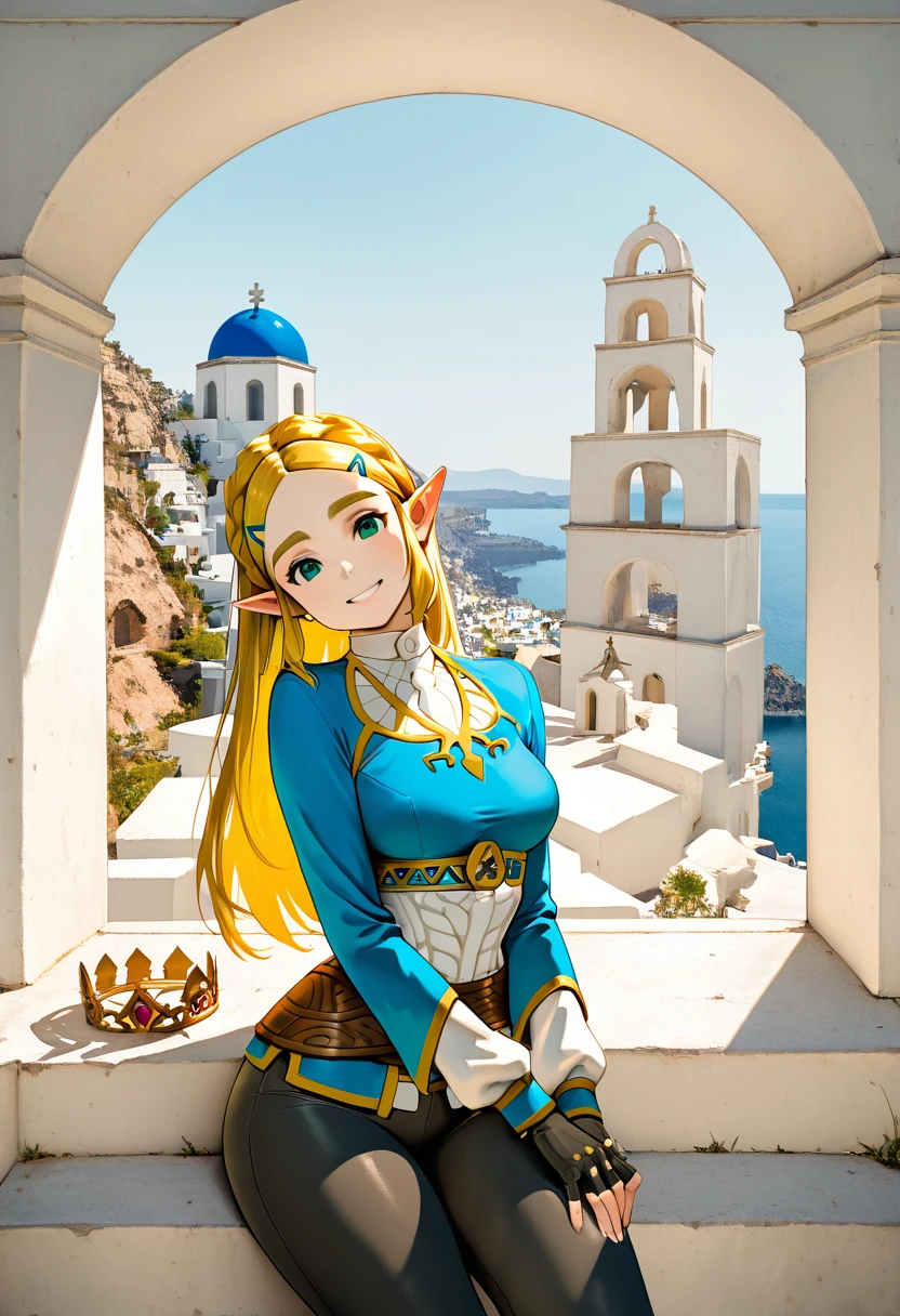 masterpiece, best quality, medium breasts, (curvy), narrow waist, BREAK, princess zelda, long hair, crown braid, hairclip, pointy ears, blue shirt, long sleeves, fingerless gloves, black gloves, black pants, tight pants, smile, curvy, head tilt, sitting,smile, looking at viewer, cowboy shot, zzSantorini, ,<lora:SantoriniBuildings_IXL_v1:0.8>,