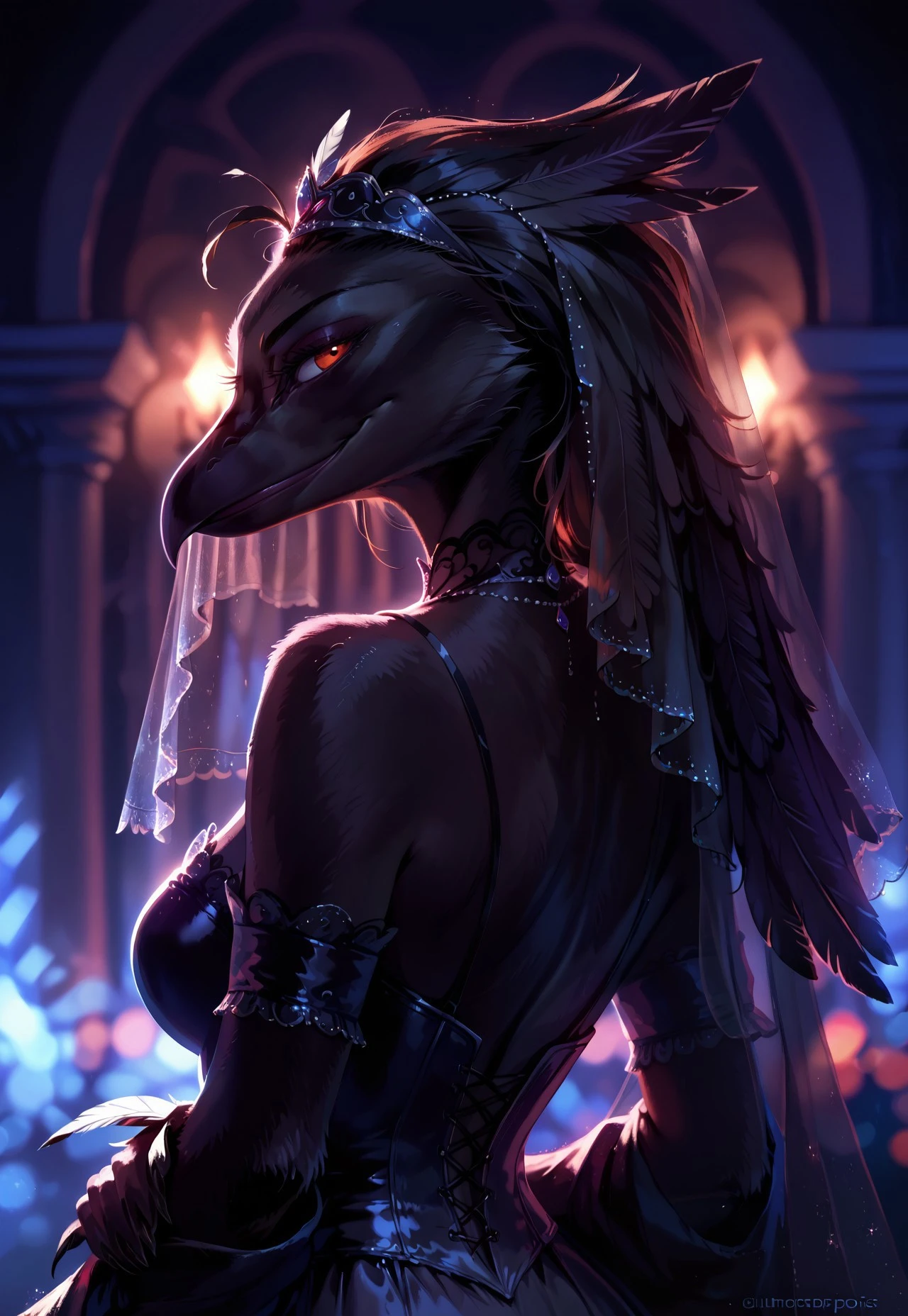 safe_pos, safe_pos, safe_pos, safe_pos, score_9, score_8_up, score_7_up, score_6_up, photorealistic, epiCPhotoGasm-colorfulPhoto, Realistic, highres, super high resolution, 8k, photo, furry, anthro, masterpiece, newest, absurdres, incredibly absurdres, best quality, amazing quality, very aesthetic, anthro 1girl, upper body, (dark theme :1.3) ,dark dress, silhouette ,lace, veil , evil smile , seductive smile, crow, Black feathers, (cinematic lighting, feathers :1.3) , looking back, Caucasian, (shiny outline, depth of field , blurry background , blurry foreground :1.3)