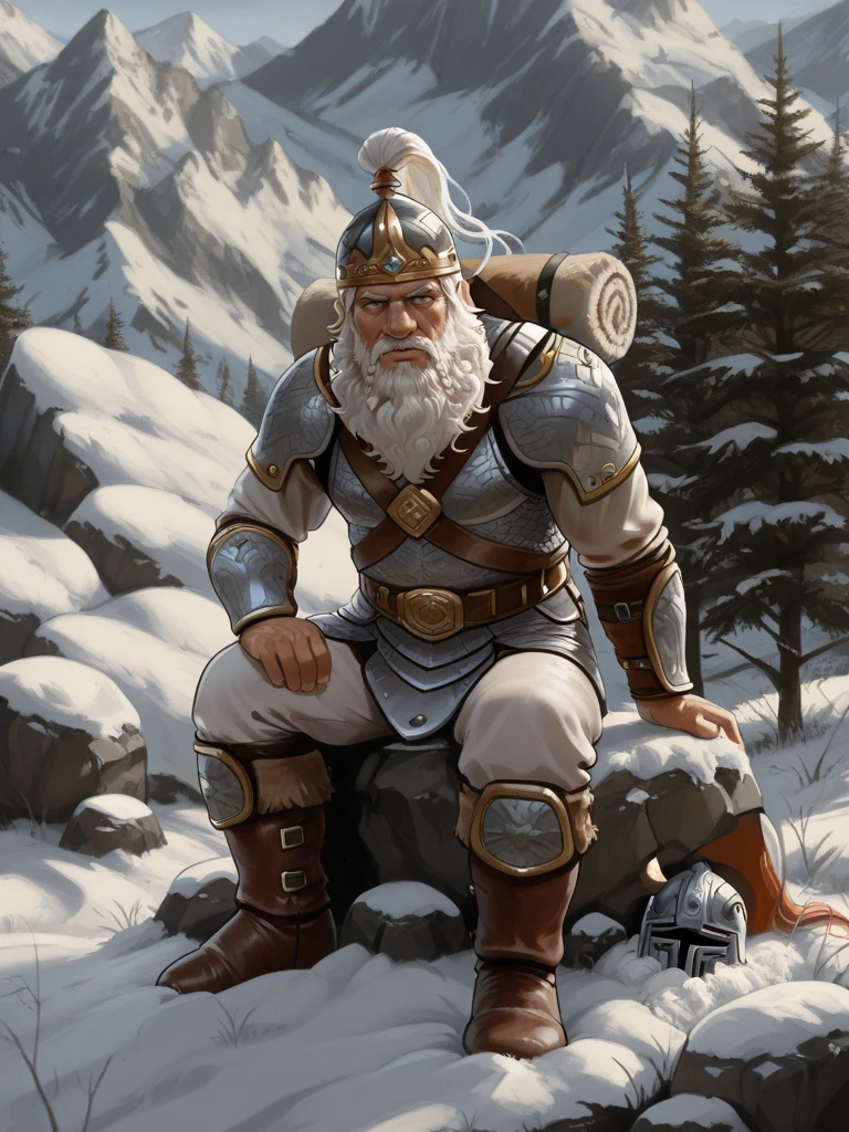 <lora:Flint_Fireforge__Dragonlance:0.7>
dlflint,,white hair, old, facial hair, beard,, masculine, male,, armor, helmet,
sitting on a rock, snowy mountains