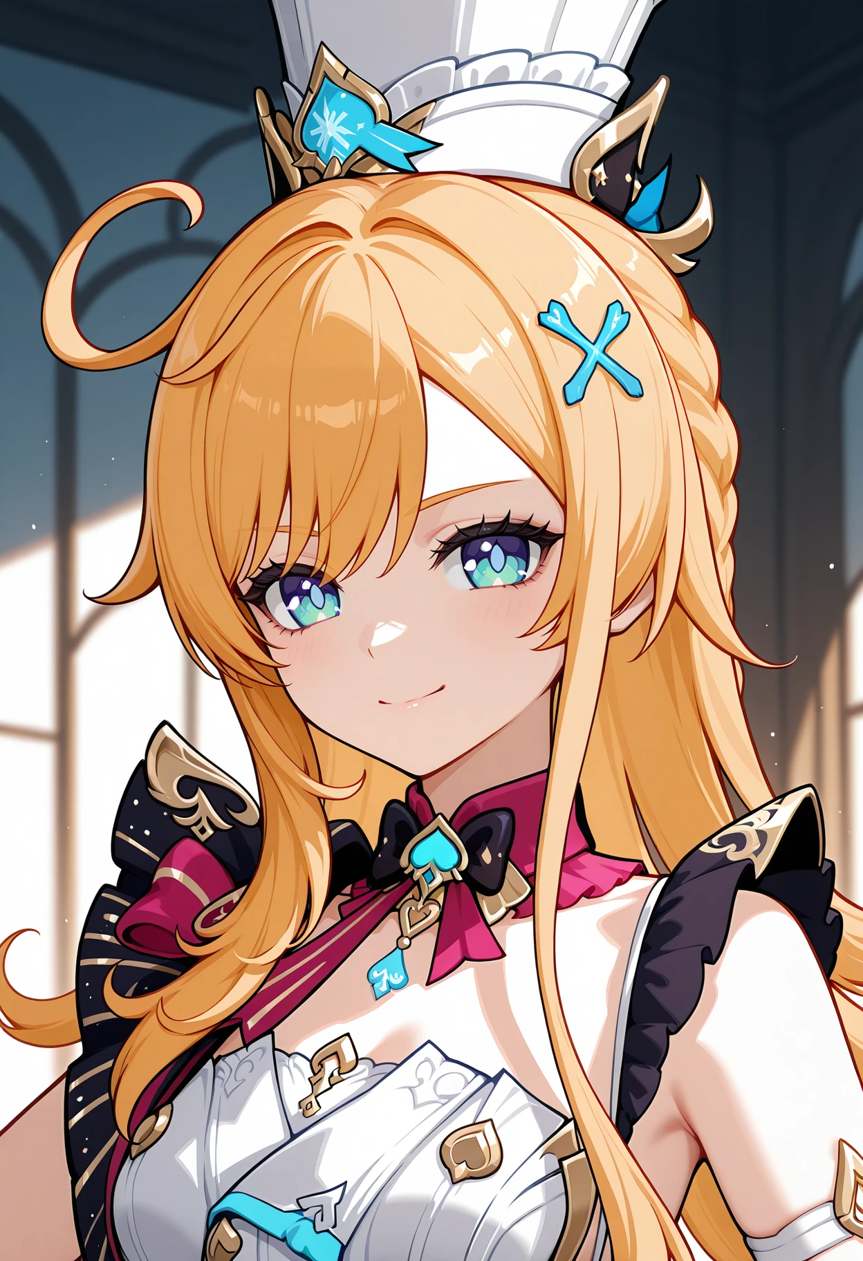 <lora:escoffier_illustrious-v1.3 (20):1>,
escoffier \(genshin_impact\),closed mouth,smile,upper body,looking at viewer,1girl,solo,hair ornament