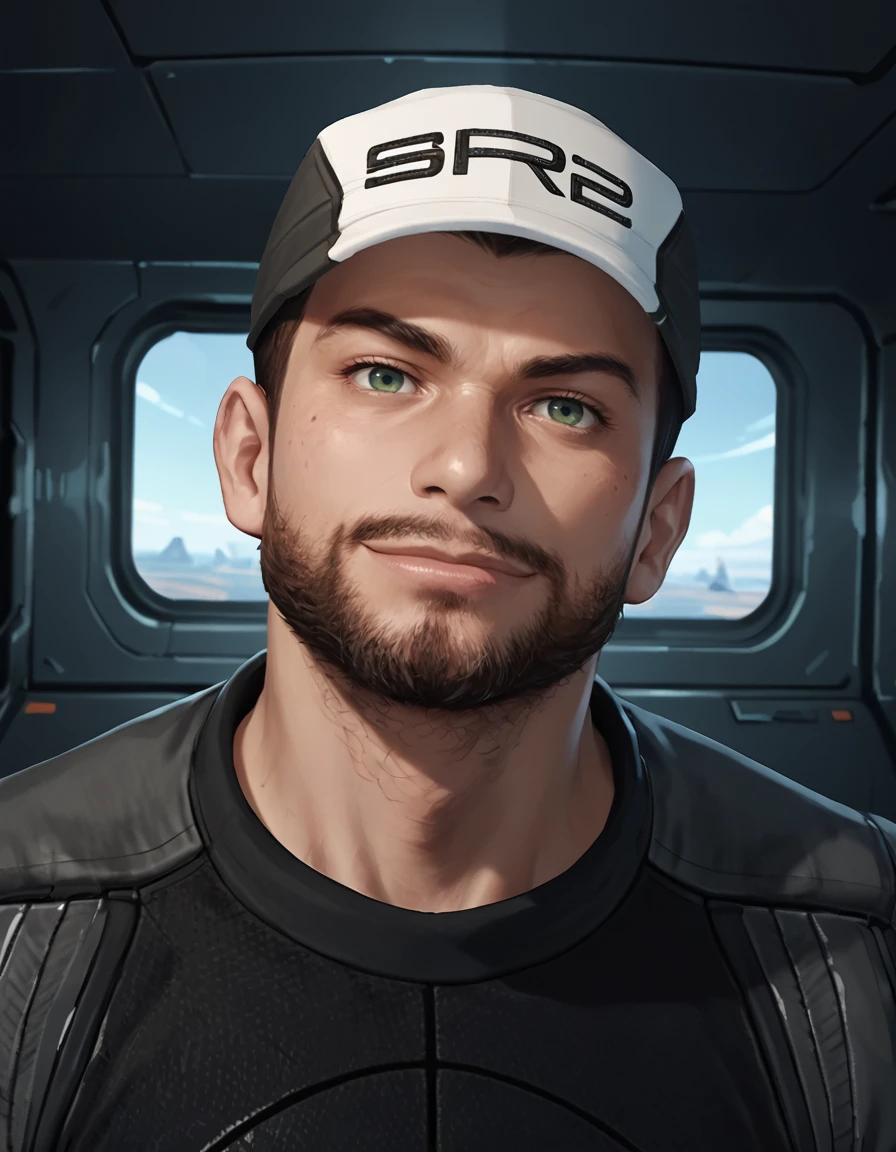 score_9, score_8_up, score_7_up, score_6_up, score_5_up, male focus, solo, anime, <lora:Mass Effect 2 - Joker - Pony-000005:0.7>, jmoreau, 1boy, brown hair, very short hair, green eyes, beard, mustache, uniform baseball cap, uniform shirt, spacecraft interior, looking at viewer, head tilt, portrait, smirk