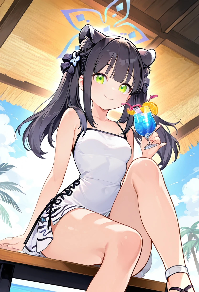 masterpiece, best quality, solo, curvy, beautiful eyes,  narrow waist, wide hips, zzShun, green eyes, black hair, blunt bangs, long hair, animal ears, tiger ears, halo, animal ear fluff, twintails, tiger girl, extra ears,  dynamic angle, foreshortening, close up, smile, looking at viewer,   ,       <lora:ShunBlueArchiveIXL:1.0>, [Tropical Summer Escape], White sundress, wide-brimmed sun hat, open-toe sandals, windswept hair, Sitting at an outdoor café table under palm trees, sipping from a vivid tropical drink with two straws as ocean breeze tousles the dress in golden sunlight.