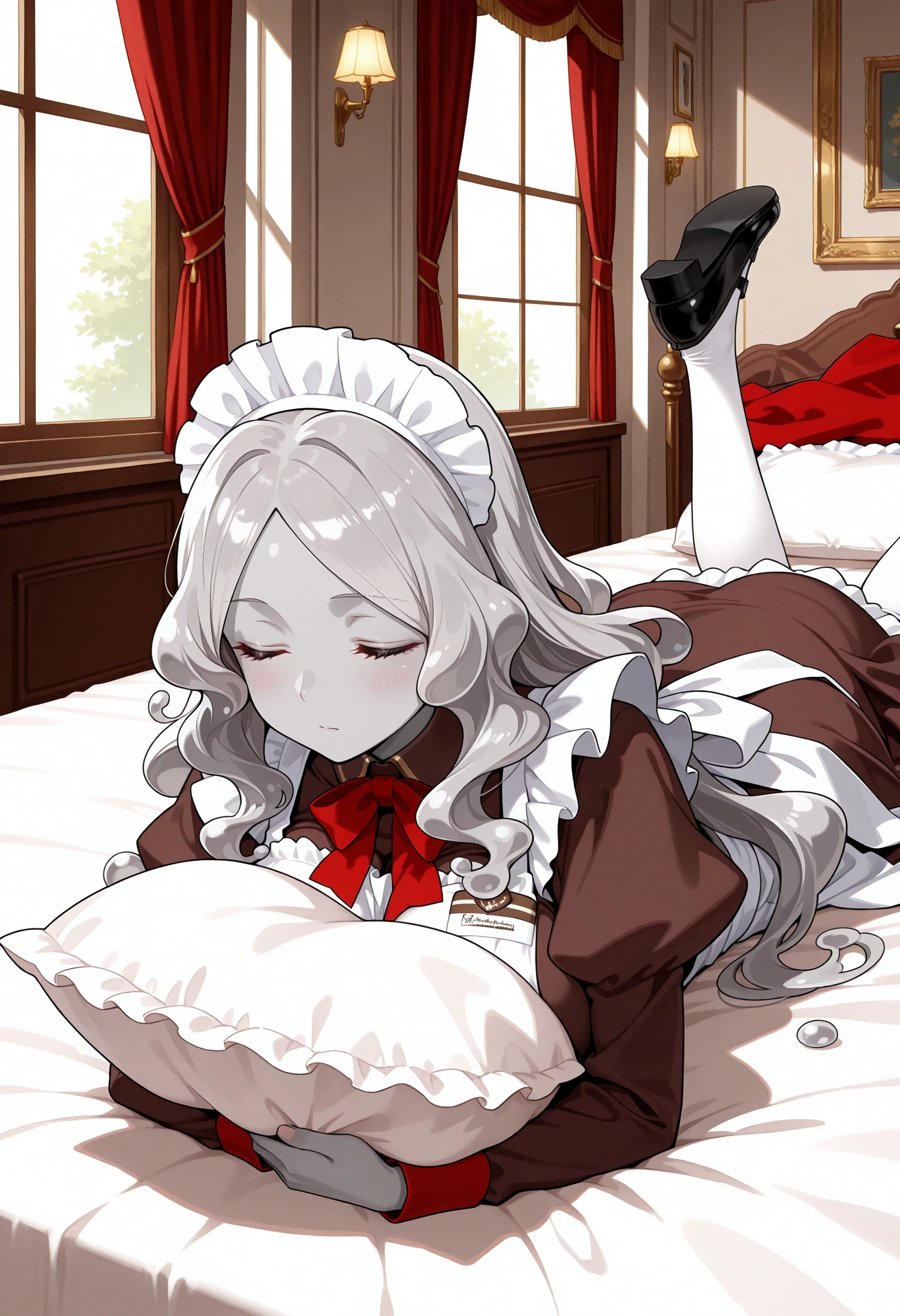 masterpiece,extreme detailed,indoor,mansion,1girl BREAK trimmau_(fate),solo,closed eyes,long hair,grey hair,large breasts,maid,maid headdress,white apron,juliet sleeves,brown dress,grey skin,long sleeves,shoes,white pantyhose,black footwear,red bow,bowtie,bubble,<lora:trimmau-IL:1>,on stomach,on_bed,holding pillow,