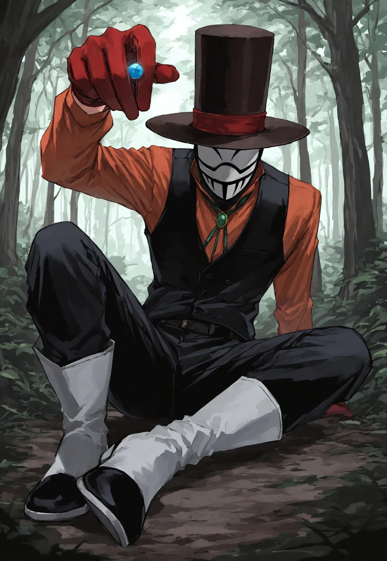 Smooth_Quality, masterpiece, best quality, amazing quality, very aesthetic, absurdres, newest, detailed background, 3ompress, 1boy, solo, top hat, mask, balaclava, shirt, red gloves, pants, boots, holding small marble, between fingers, forest