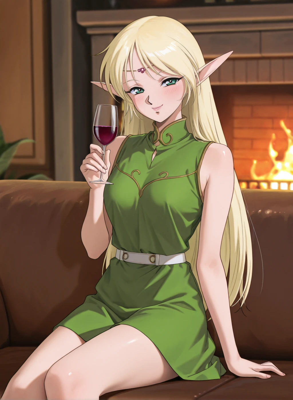 masterpiece,best quality,amazing quality,very aesthetic,high resolution,ultra-detailed,absurdres,newest,sensitive,depth of field,scenery BREAK
(1990s (style), retro artstyle),<lora:deedlit_V1_NOOB:1>,(deedlit,record of lodoss war,blonde hair,pointy ears,long hair,green eyes),(green dress, circlet, belt,sleeveless),1girl,solo,smile,blush,posing,indoors,fantasy,couch,dark,sitting on couch,drinking glass,wine glass,fireplace,fire,