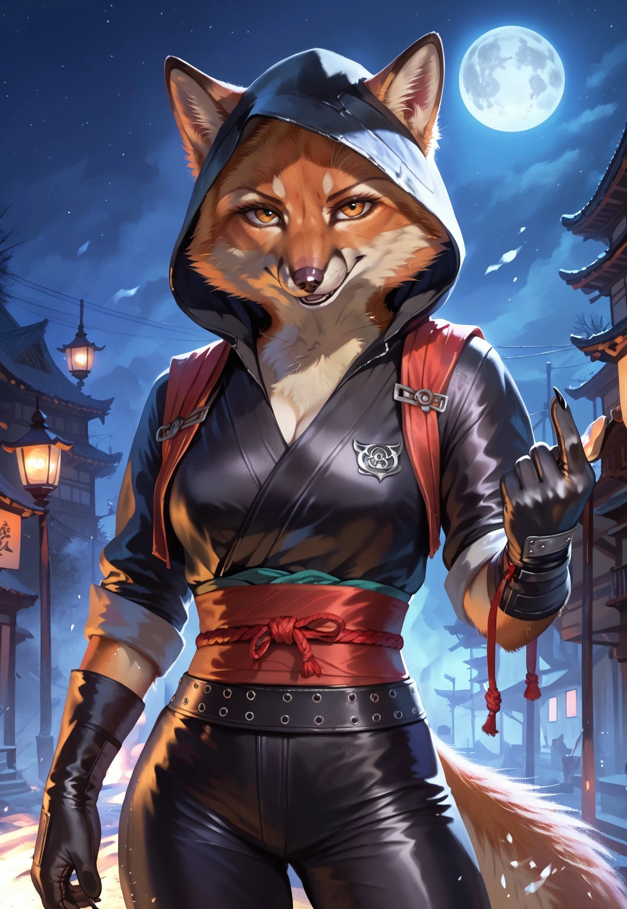 score_9, score_8_up, score_7_up, score_6_up, photorealistic, epiCPhotoGasm-colorfulPhoto, Realistic, highres, super high resolution, 8k, photo, furry, anthro, fox, japanese pavillon. She is wearing a black ninja outfit, hood, gloves, sash belt. The pale light of the moon reflects on her and enhances her clothes details. night