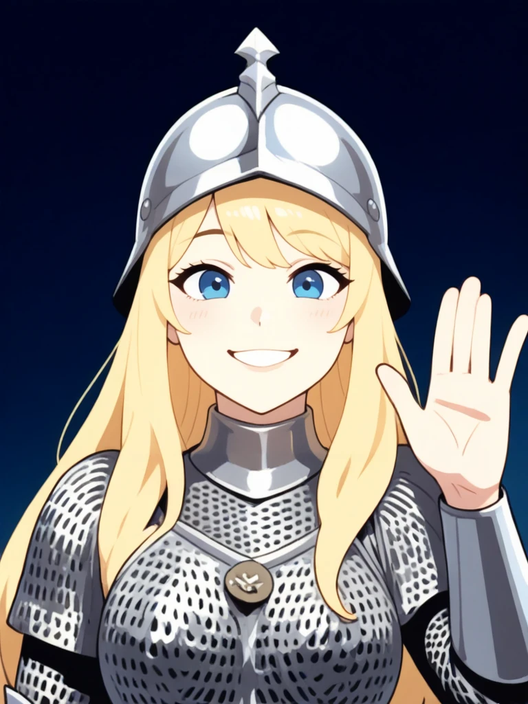 <lora:Aleena__Dungeons__Dragons:0.7>
aleena,,long hair, blonde hair, blue eyes,,
chainmail, helmet,
solo
waving, smiling