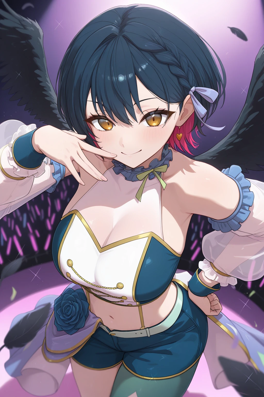 (8k, masterpiece), high resolution, high quality (best quality), Betty Rubble, Mothra, with a seductive look and smile, at an anime event, spectacular dynamic lighting, beautiful eyes, delicate face, detailed skin, detailed breasts, vivid colors,