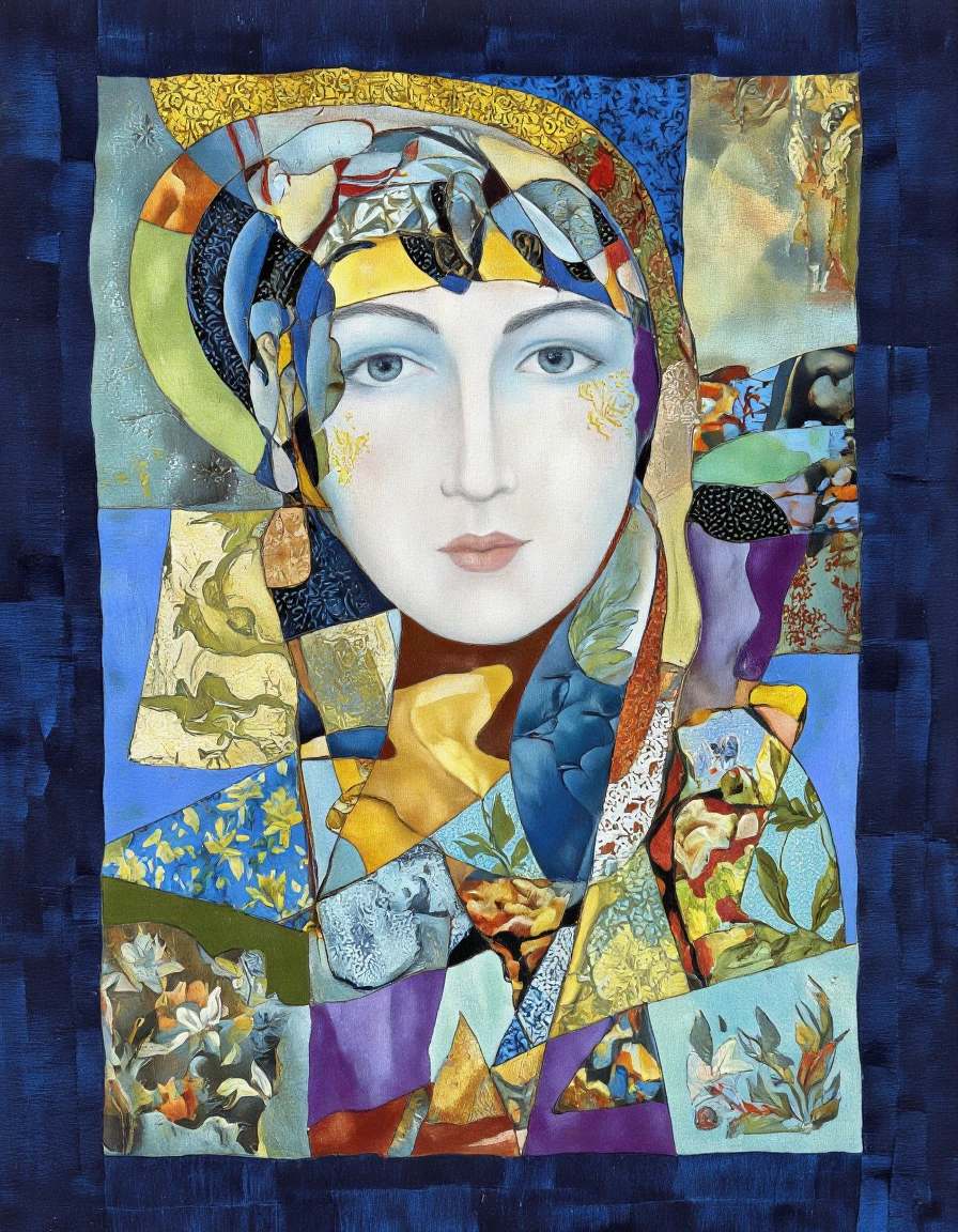 Art by Tigran Matulian. A vibrant and colorful quilted portrait of a woman's face, created using a patchwork technique. the portrait is centered in the middle of the image, with the woman's blue eyes looking directly at the viewer. her hair is styled in a way that frames her face, and she has a serene expression with parted lips and a subtle nose. the woman is surrounded by a variety of colorful fabrics, including squares, rectangles, and floral motifs in shades of blue, green, yellow, and purple, creating a mosaic-like effect. the background is a dark blue with a grid pattern, adding to the overall sense of depth and texture to the image. the overall effect is one of serenity and beauty, with a focus on the intricate details and vibrant colors of the quilting.