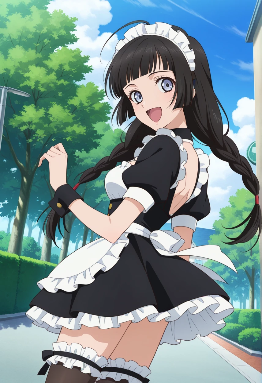 arms behind back, from behind, looking at viewer, open smile,
cowboy shot, dynamic angle,
BREAK,
<lora:kohak_illustriousXL_v03:1>
kohakrnd, black hair, twin braids, long hair, blunt bangs, ahoge,
kohakmd, breast cutout, maid uniform, miniskirt, frilled skirt, apron, short sleeves, wrist cuffs, black cuffs,
black thighhighs, black mary janes, frilled thighhighs,, source_anime, very aesthetic, anime coloring, masterpiece,
best quality, amazing quality, ultra detailed, very aesthetic,
detailed background,
BREAK,, street, trees, clouds, day,