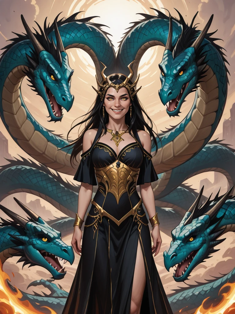 <lora:Takhisis__Dragonlance:0.7>
takhisis,, long hair, dark hair, yellow eyes,,
dress,
looking at the viewer, smiling
dragons, dragon, hydra